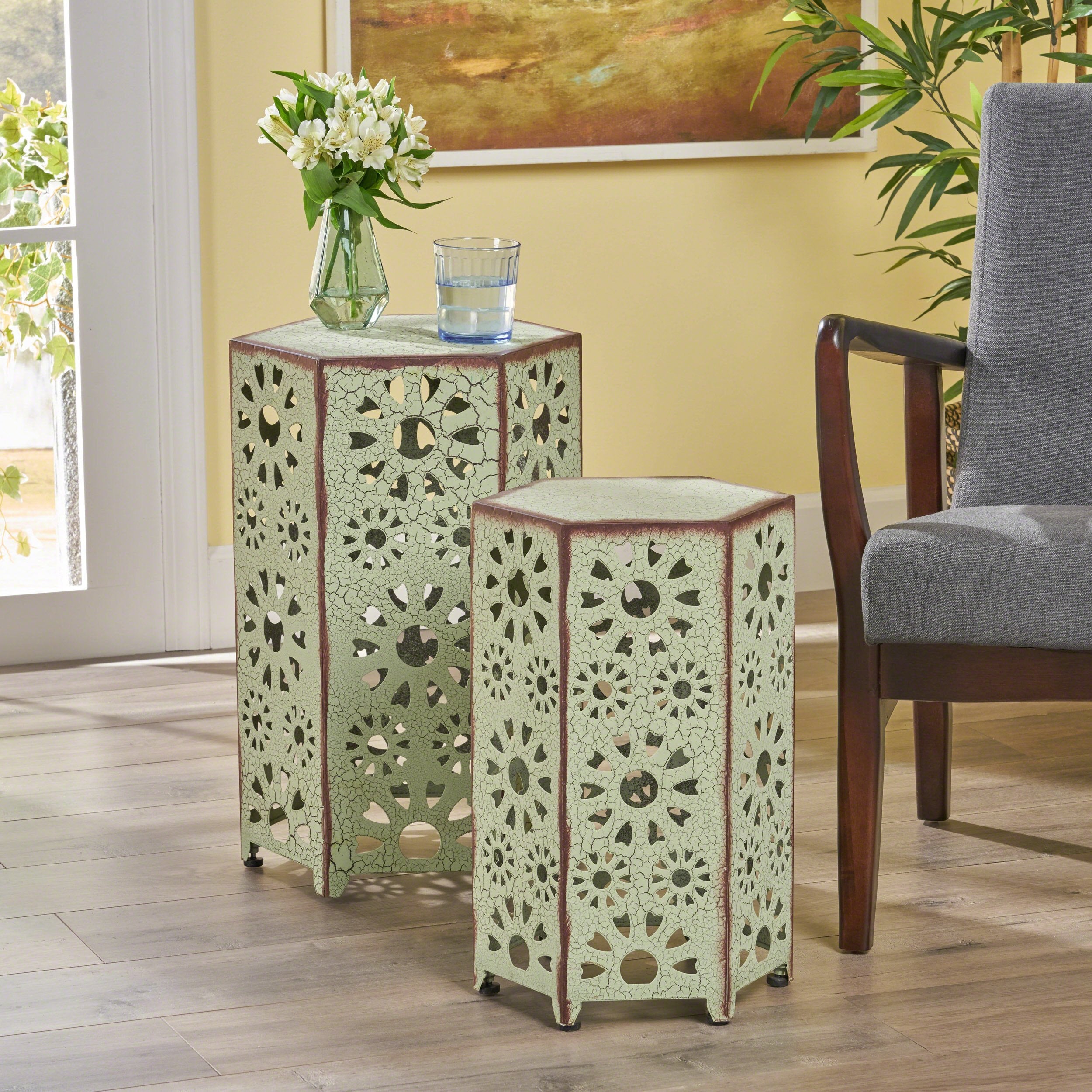 12 inch and 14 inch crackle finish sunburst iron side table set nh739203 12 inch and 14 inch crackle finish sunburst iron side table set nh739203