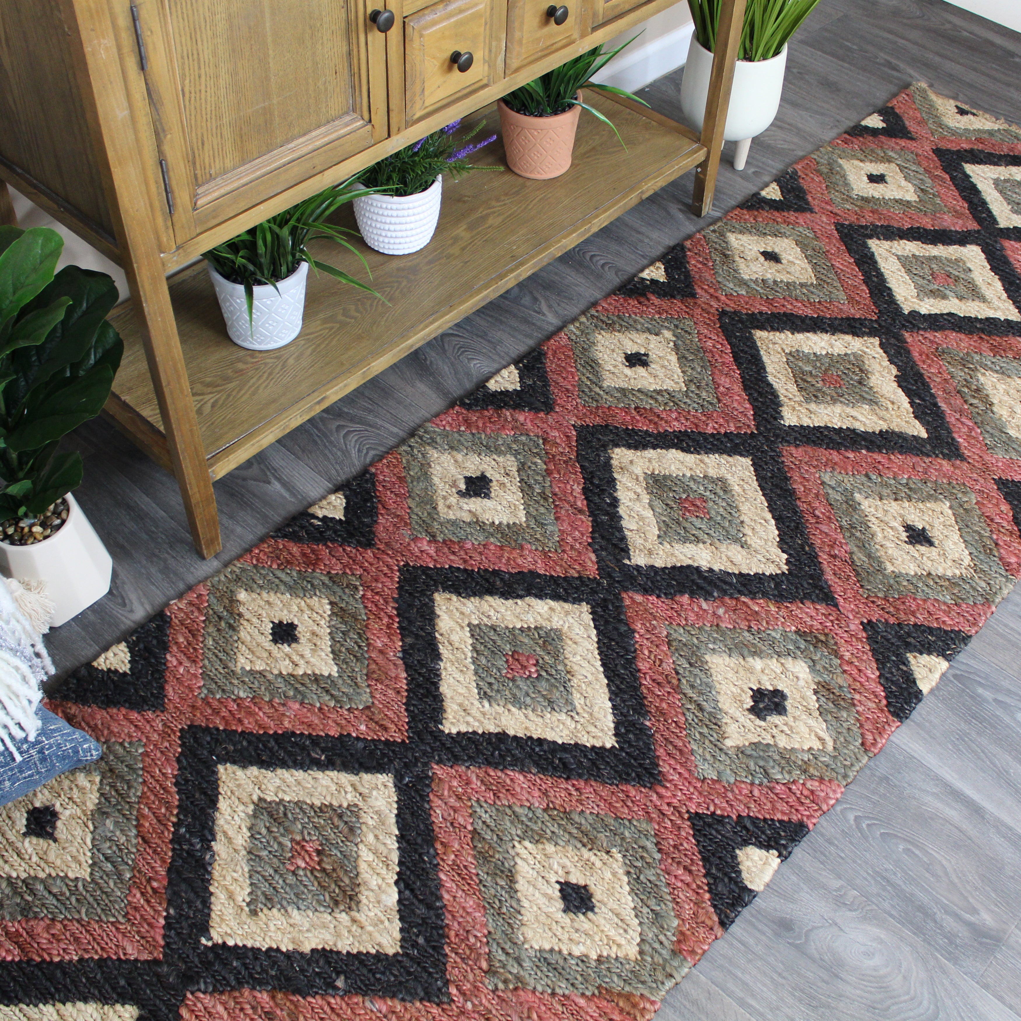 natural geo spontaneous jute handwoven black/maroon/green geometric area rug natural geo spontaneous jute handwoven black/maroon/green geometric area rug