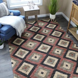 natural geo spontaneous jute handwoven black/maroon/green geometric area rug