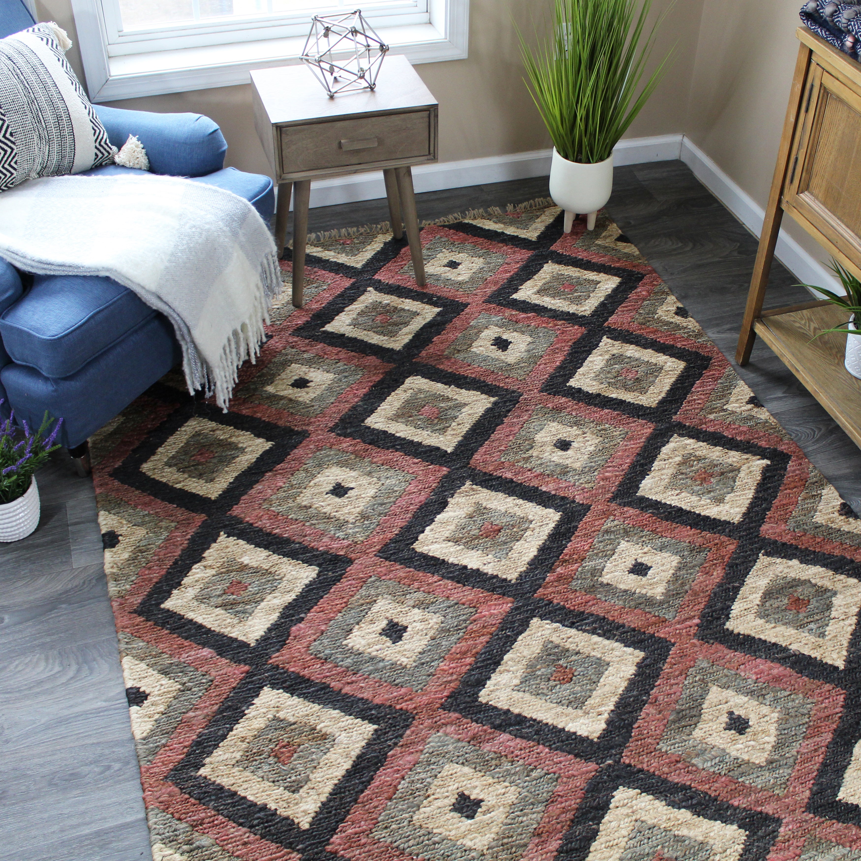 natural geo spontaneous jute handwoven black/maroon/green geometric area rug natural geo spontaneous jute handwoven black/maroon/green geometric area rug