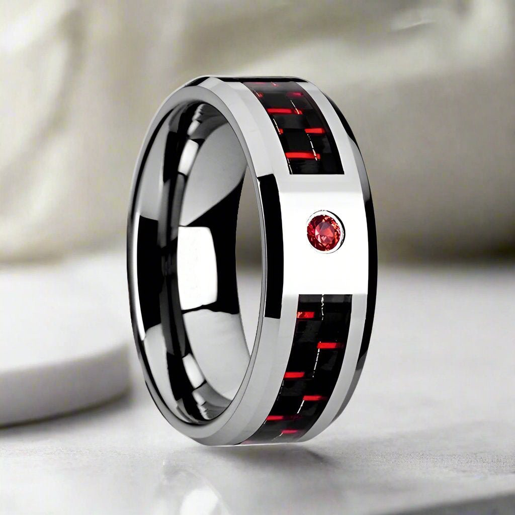 adrian-silver-tungsten-ring-red-ruby-stone-red-black-carbon-fiber-inlay-beveled-adrian-8-5-aydins-jewelry-237572 ADRIAN | Tungsten Carbide Ring, Carbon Fiber Inlay - Image 1