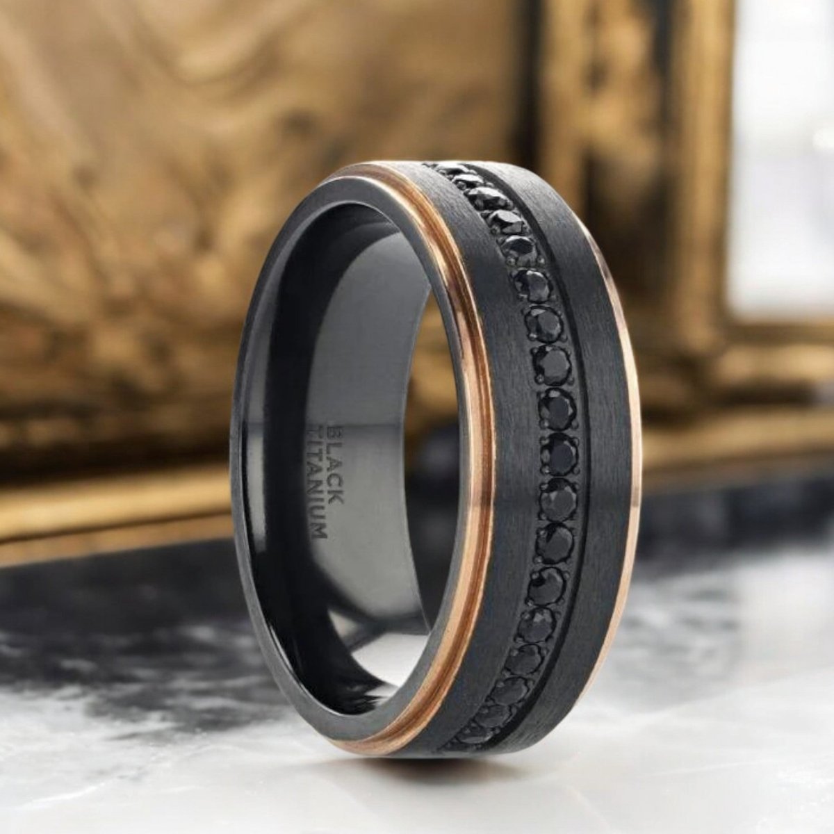 astro-black-titanium-ring-sapphire-stones-rose-gold-stepped-edges-rings-aydins-jewelry-982243 ASTRO | Black Titanium Ring, Sapphire Stones, Rose Gold Stepped Edges:圖片 1