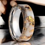 AURIC | Silver Tungsten Ring White Black, Gold Foil Resin Inlay, 8mm