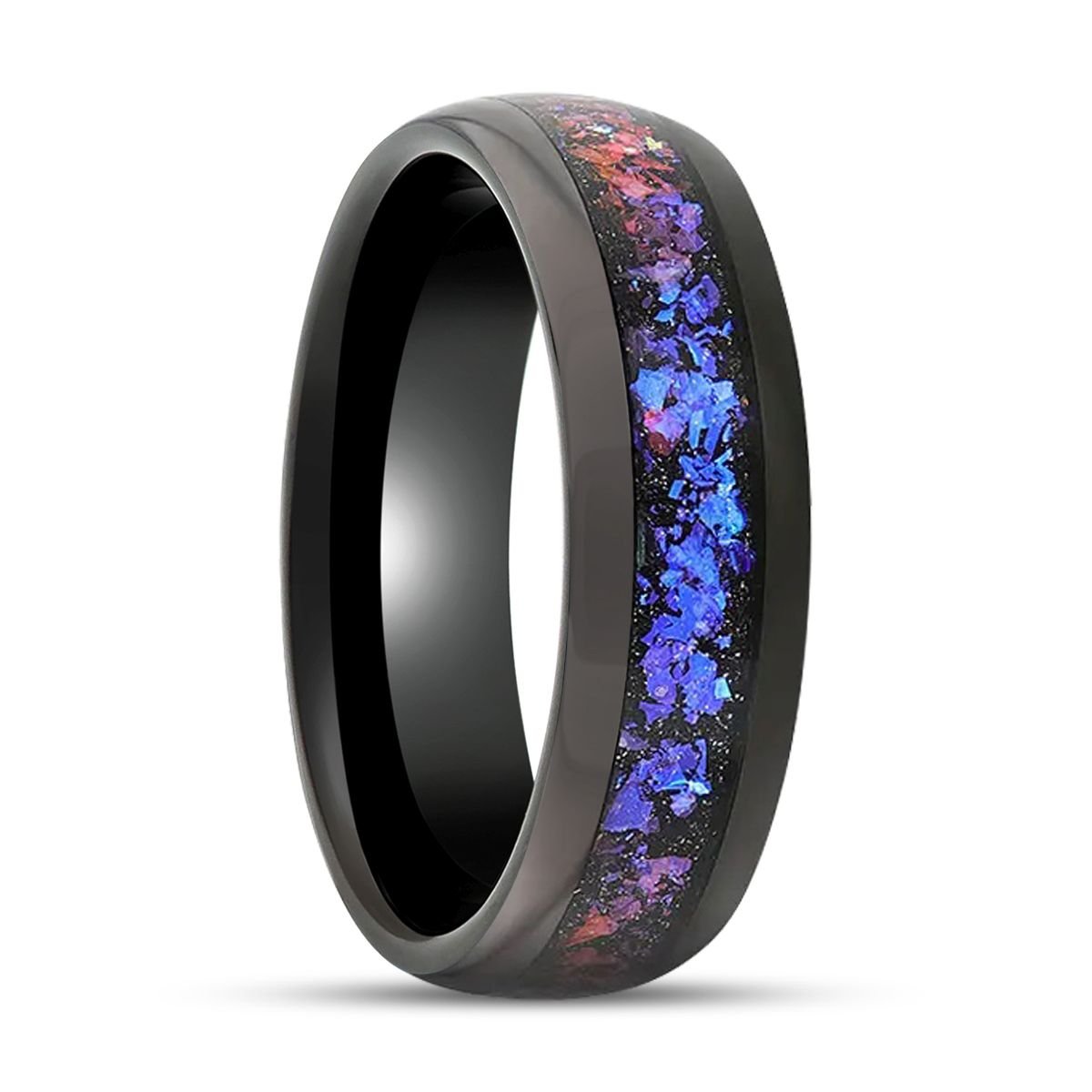 cosmic-black-tungsten-ring-crushed-alexandrite-goldstone-inlay-domed-cosmic-4-25-aydins-jewelry-116486 COSMIC | Black Tungsten Ring, Crushed Alexandrite, Goldstone Inlay, Domed - Image 1