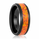 DRAGON | Polished Black Tungsten Orange Fire-Opal Domed Wedding Ring 8mm