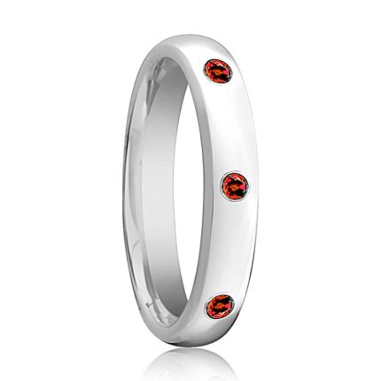 MAERA | Womens Tungsten Ring, 3 Red Rubies Setting, Domed